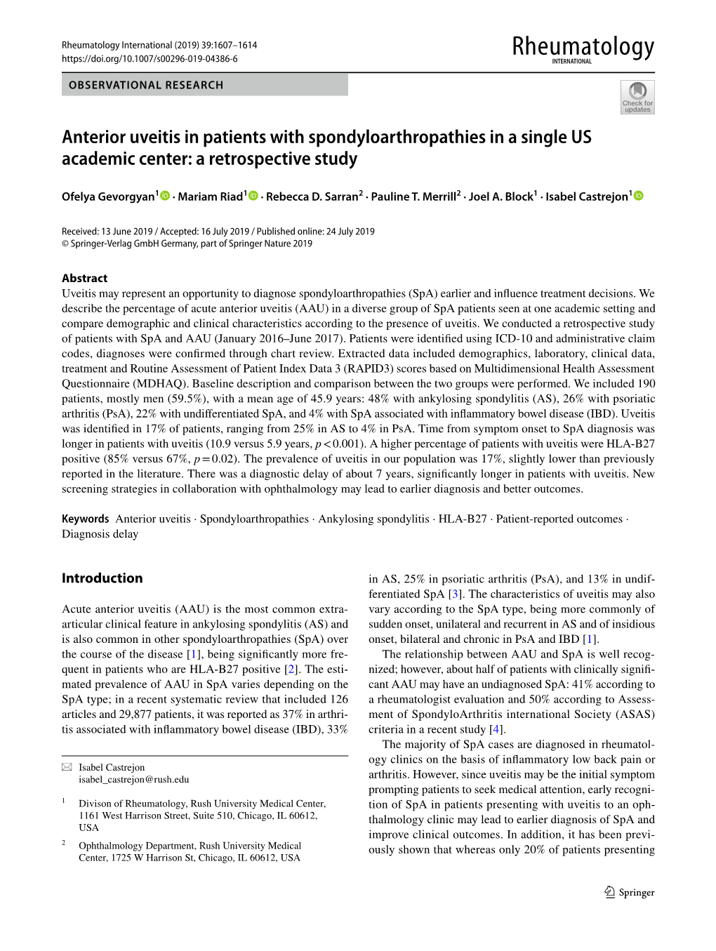 Anterior Uveitis in Patients with Spondyloarthropathies in a Single US Academic Center: a Retrospective Study