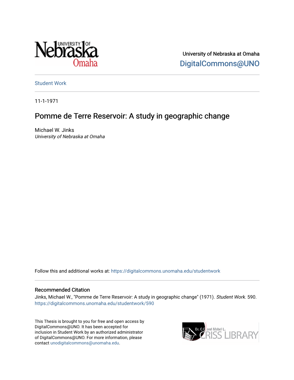 Pomme De Terre Reservoir: a Study in Geographic Change