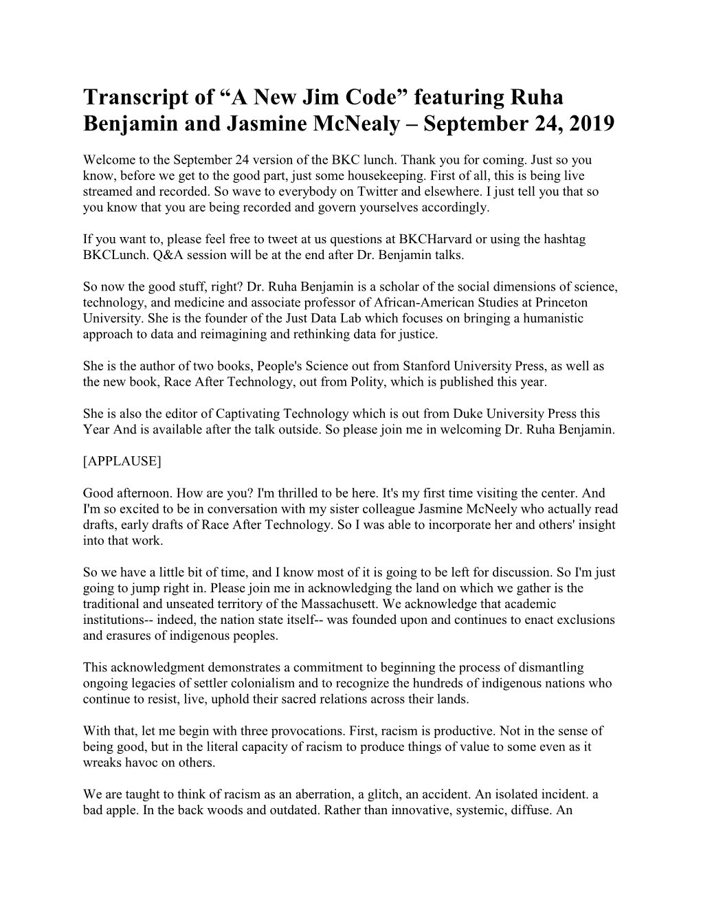 “A New Jim Code” Featuring Ruha Benjamin and Jasmine Mcnealy – September 24, 2019