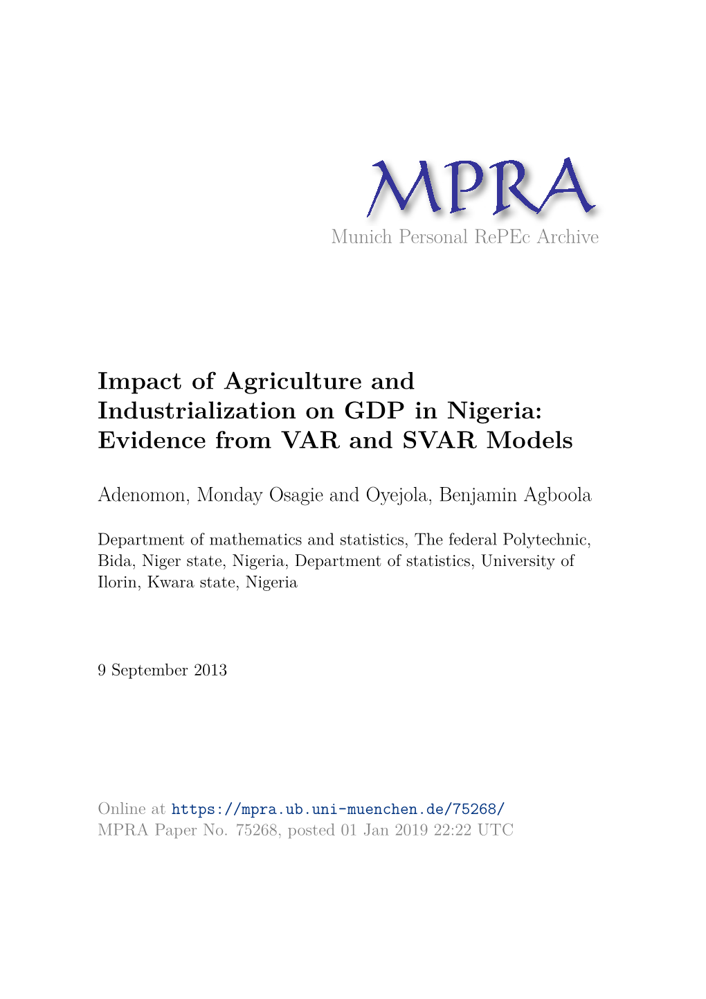 Impact of Agriculture and Industrialization on GDP in Nigeria: Evidence from VAR and SVAR Models