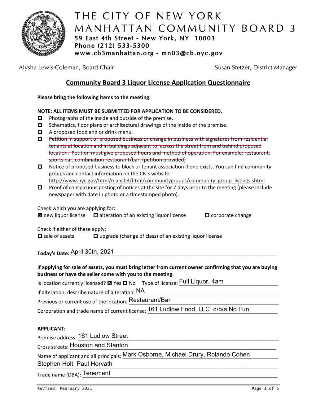 THE CITY of NEW YORK MANHATTAN COMMUNITY BOARD 3 59 East 4Th Street - New York, NY 10003 Phone (212) 533-5300 - Mn03@Cb.Nyc.Gov