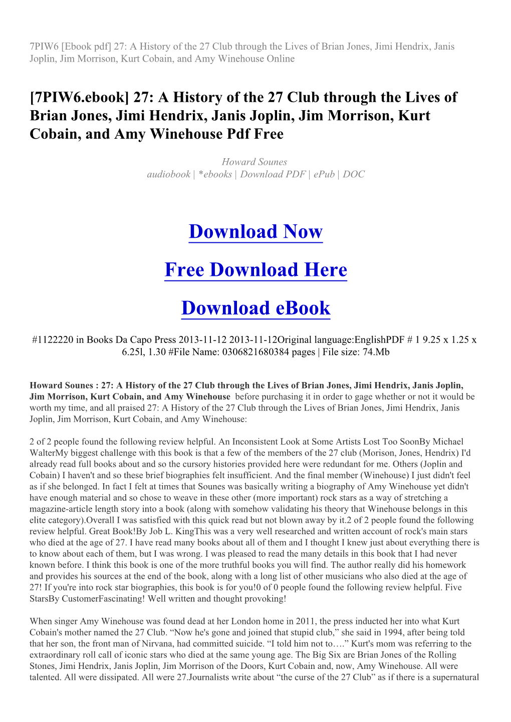 27: a History of the 27 Club Through the Lives of Brian Jones, Jimi Hendrix, Janis Joplin, Jim Morrison, Kurt Cobain, and Amy Winehouse Online