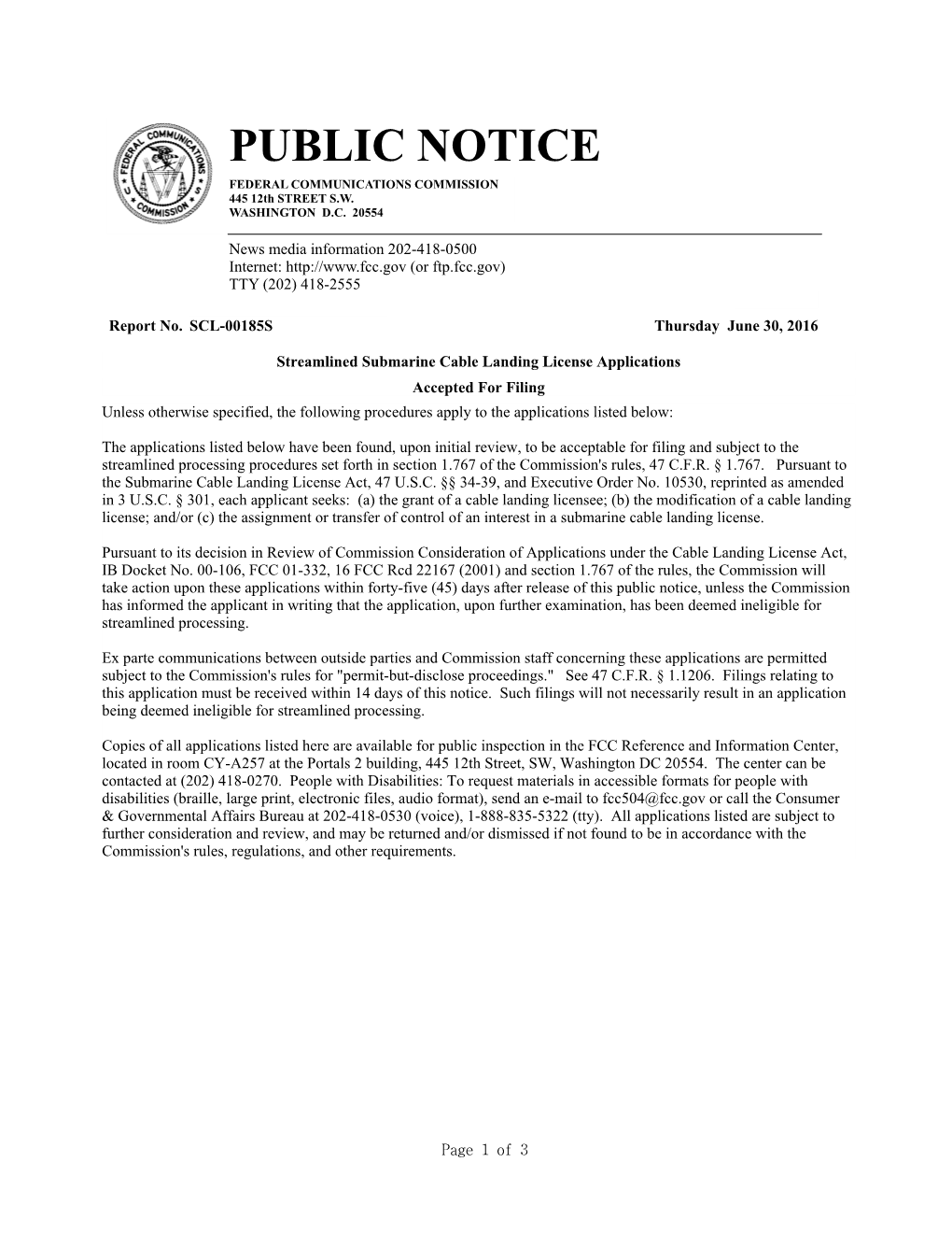 PUBLIC NOTICE FEDERAL COMMUNICATIONS COMMISSION 445 12Th STREET S.W