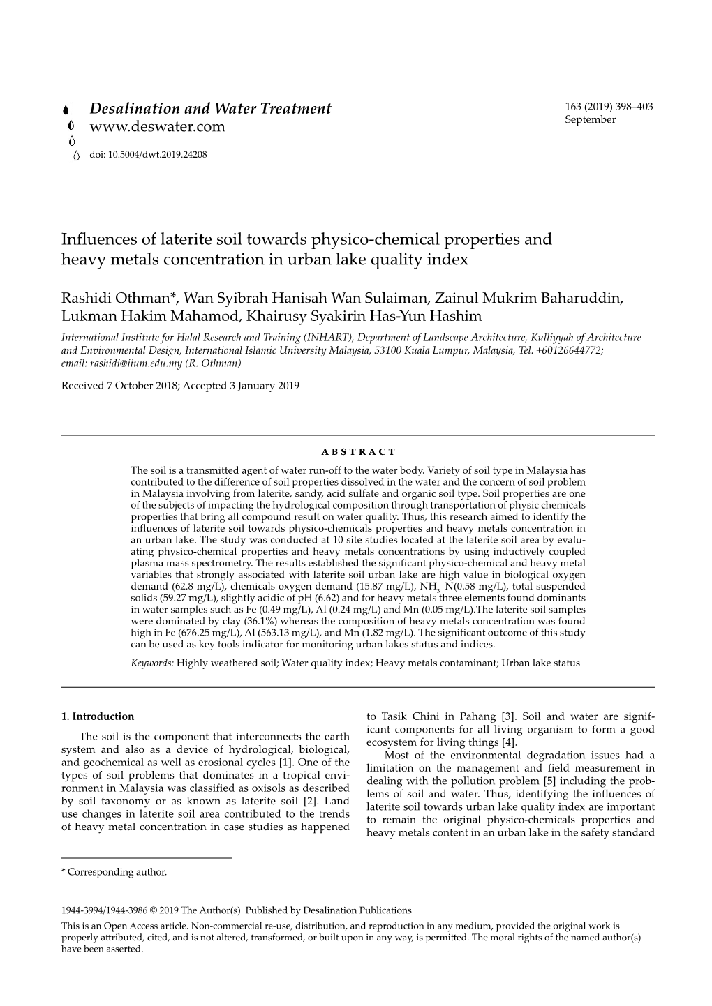 Influences of Laterite Soil Towards Physico-Chemical Properties and Heavy Metals Concentration in Urban Lake Quality Index