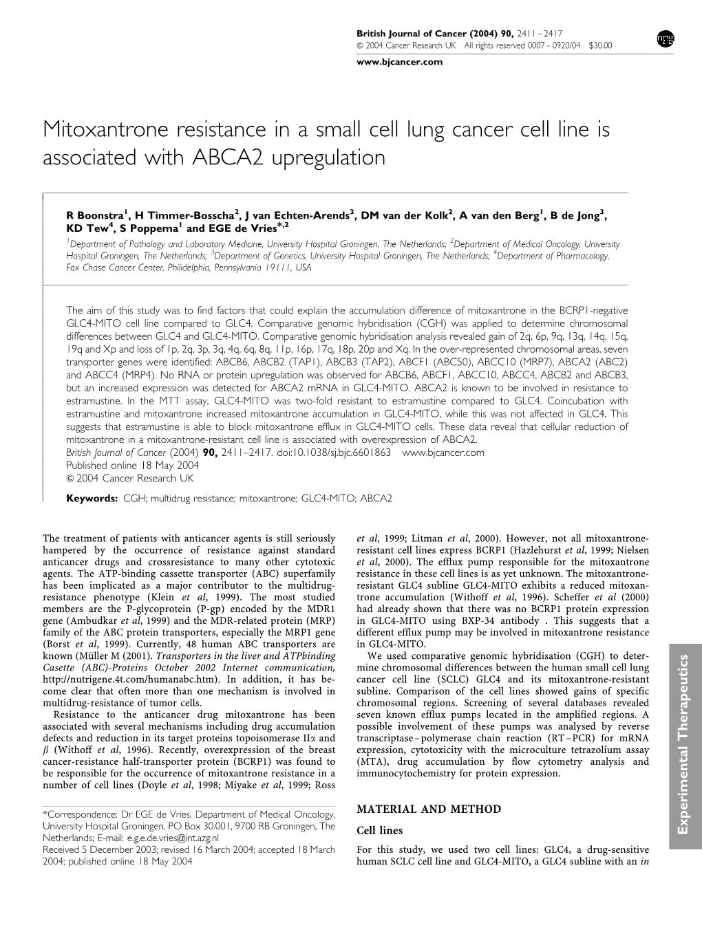 Mitoxantrone Resistance in a Small Cell Lung Cancer Cell Line Is Associated with ABCA2 Upregulation