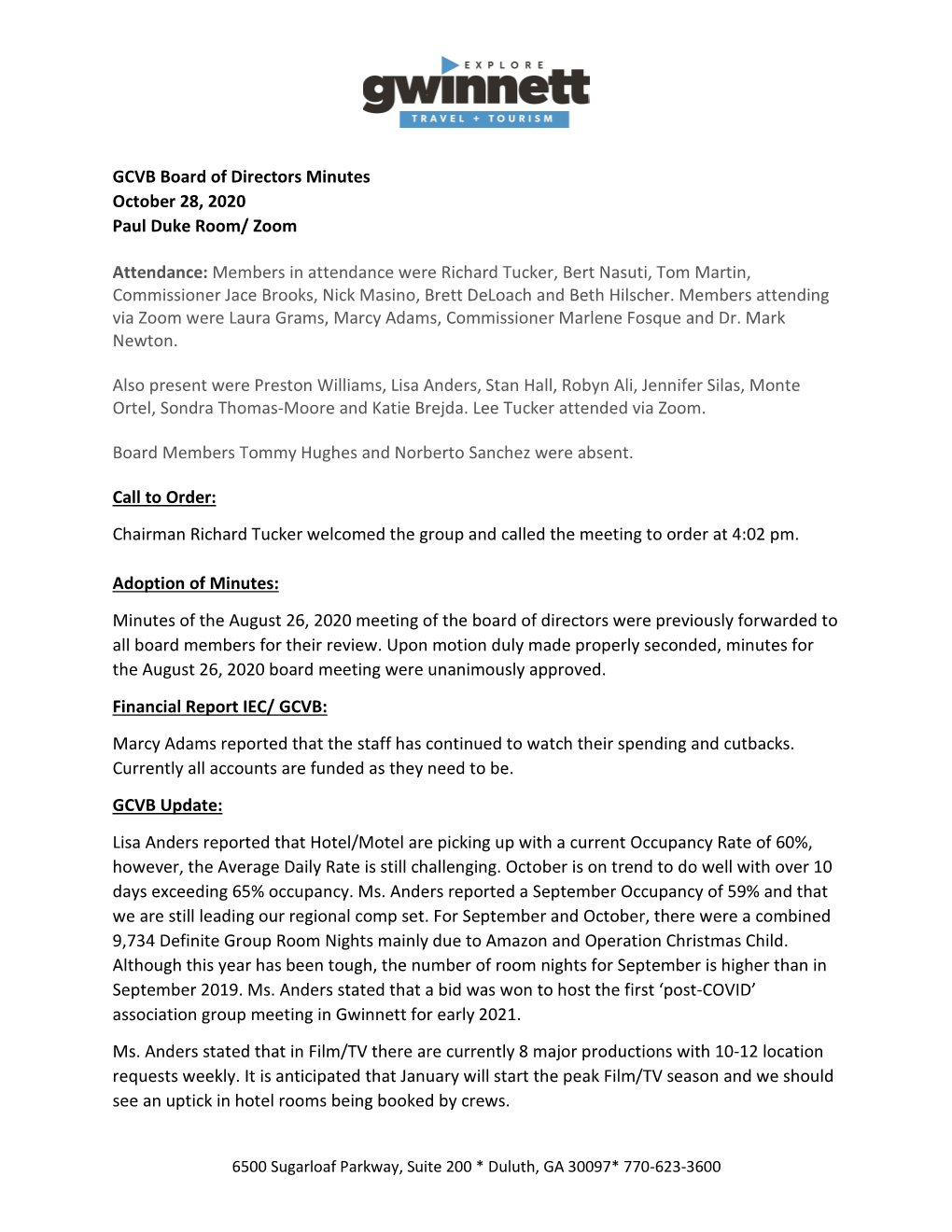 GCVB Board of Directors Minutes October 28, 2020 Paul Duke Room/ Zoom