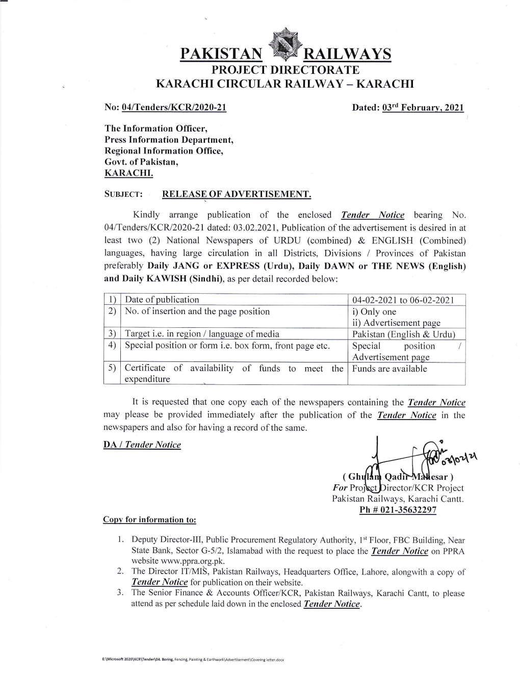 Pakistan Railways Project Directorate Karachi Circular Railway Karachi