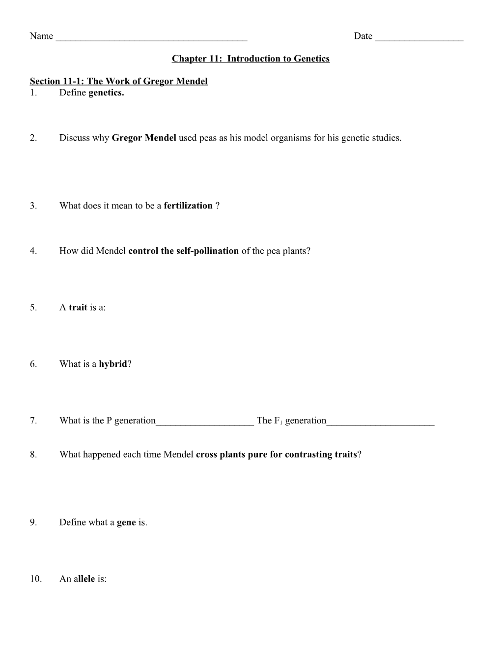 Section 11-1: the Work of Gregor Mendel