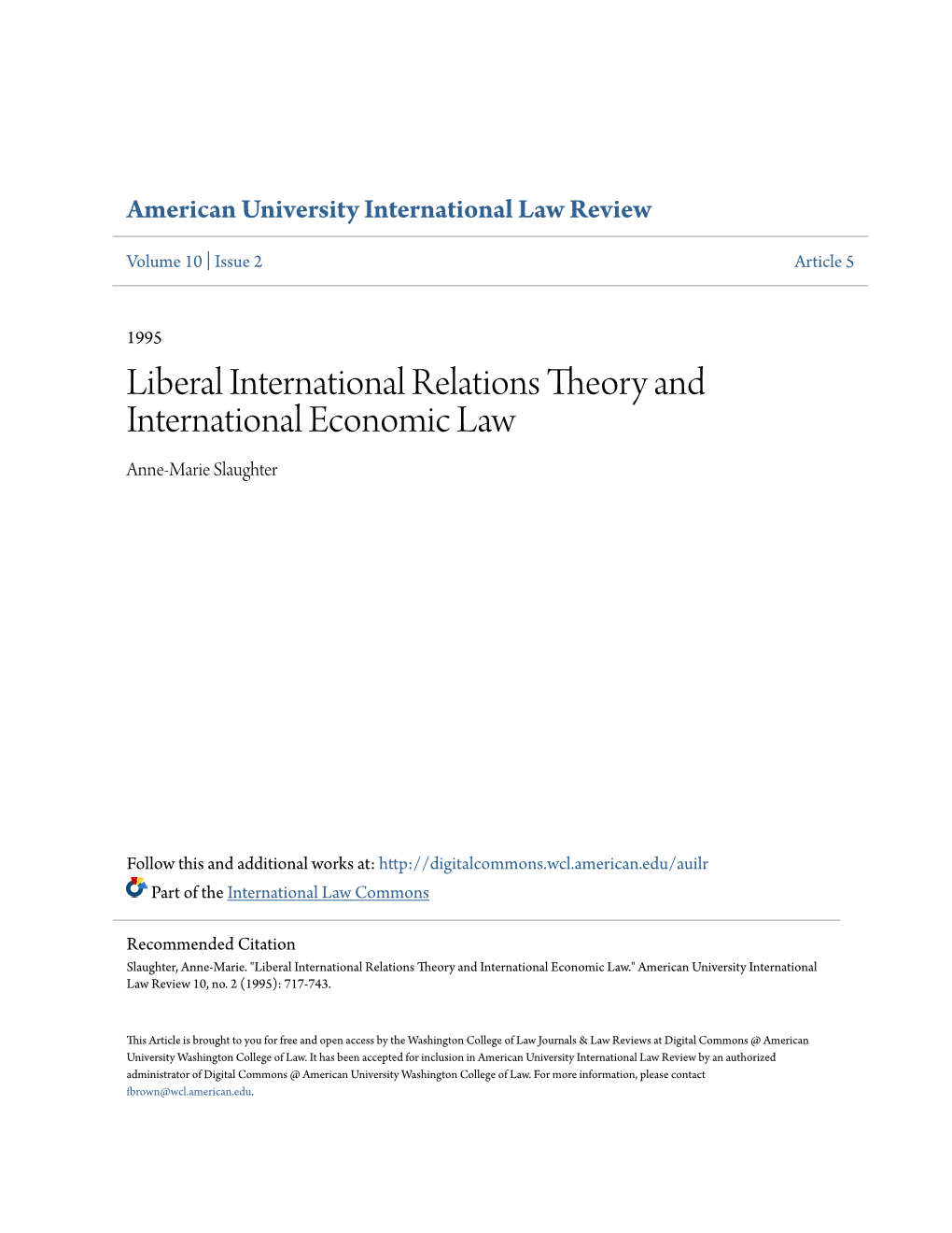 Liberal International Relations Theory and International Economic Law Anne-Marie Slaughter