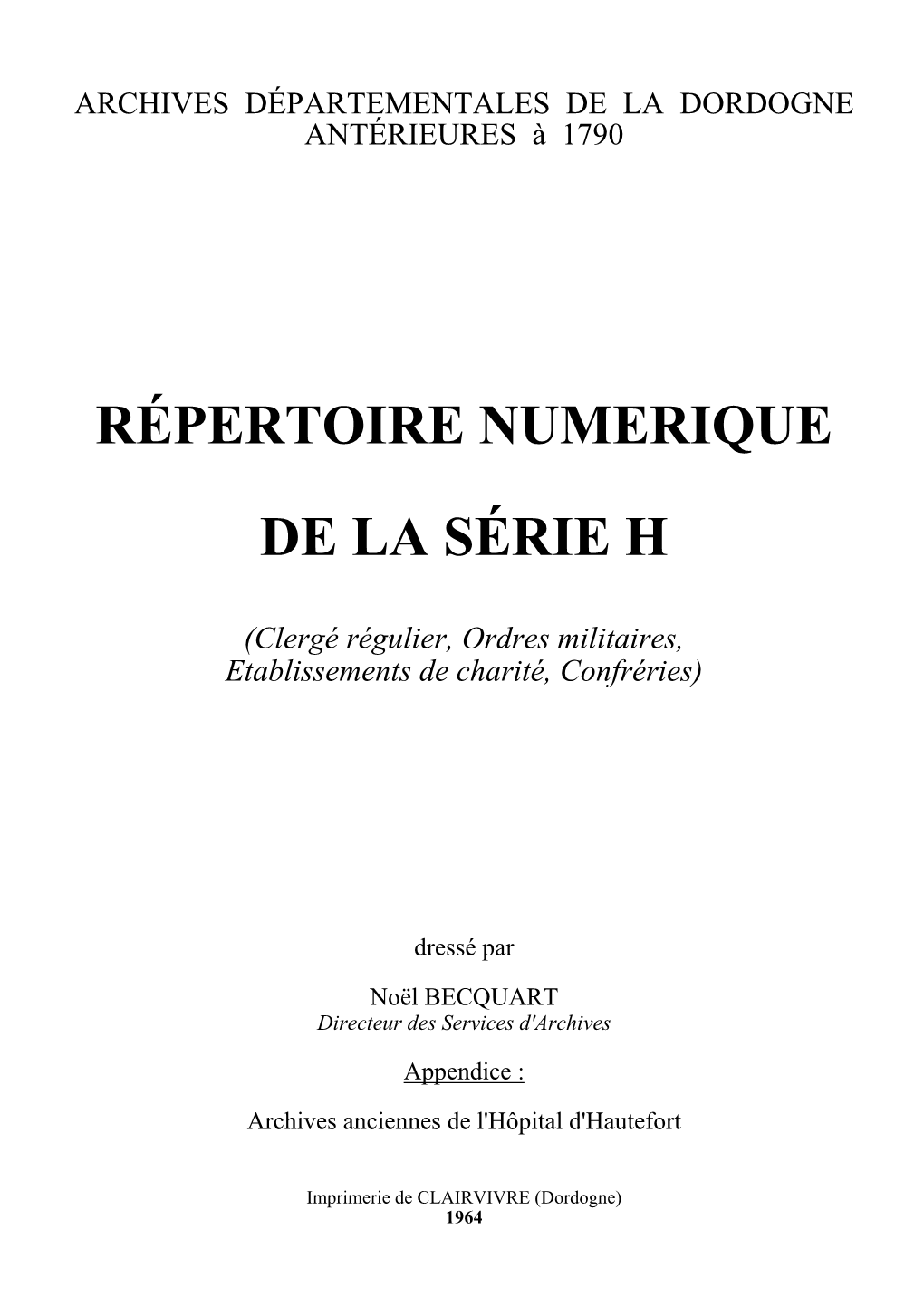 Répertoire Numerique De La Série H