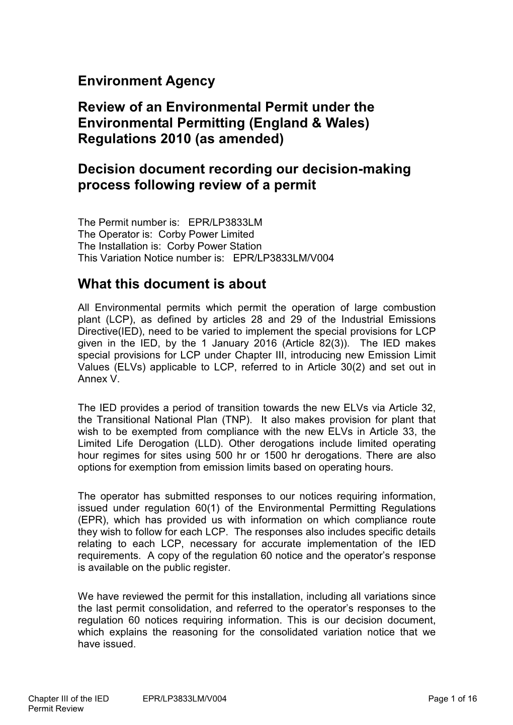 Decision Document Recording Our Decision-Making Process Following Review of a Permit