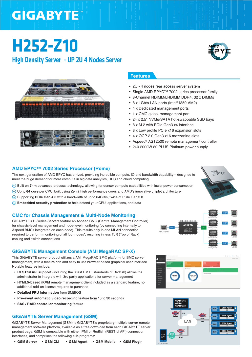 H252-Z10 High Density Server - up 2U 4 Nodes Server