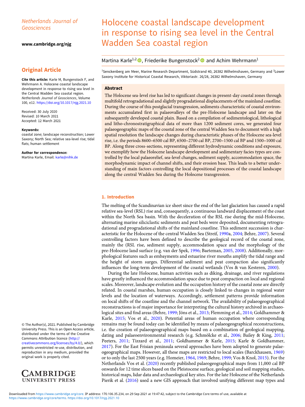 Holocene Coastal Landscape Development in Response to Rising Sea Level in Abstract the Central Wadden Sea Coastal Region