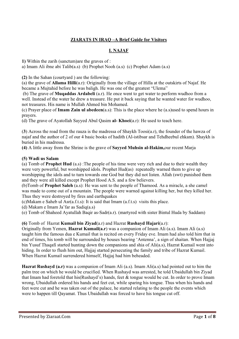 Presented by Ziaraat.Com Page 1 of 8 ZIARATS in IRAQ –A Brief Guide