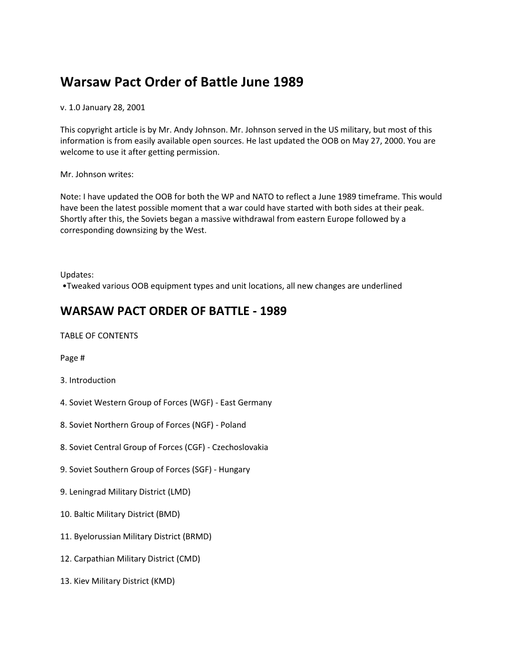 Warsaw Pact Order of Battle June 1989 V