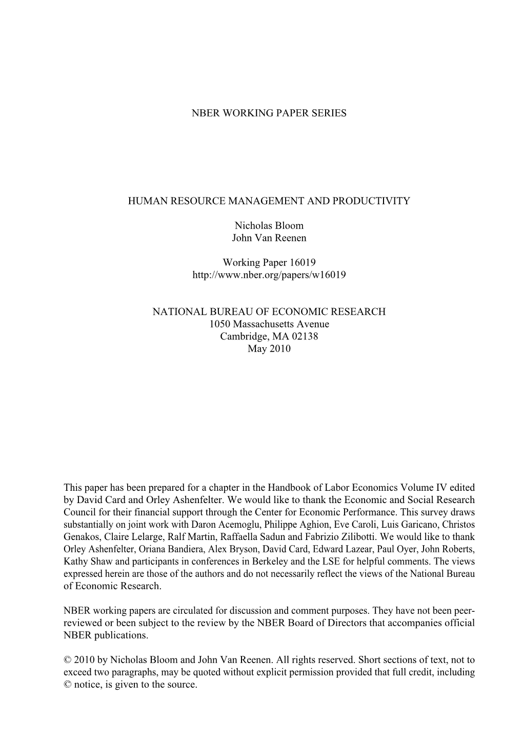 Nber Working Paper Series Human Resource