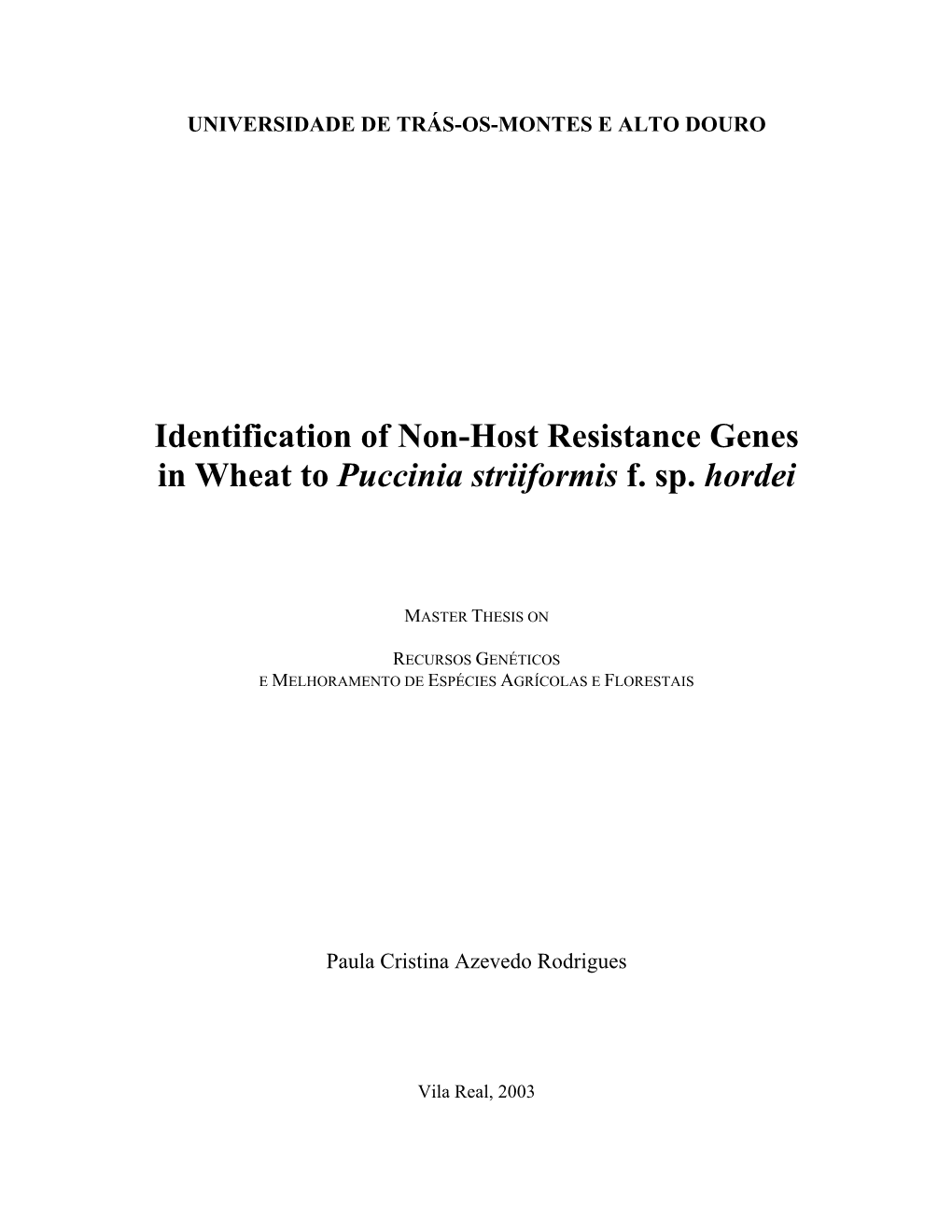 Identification of Non-Host Resistance Genes in Wheat to Puccinia Striiformis F. Sp. Hordei