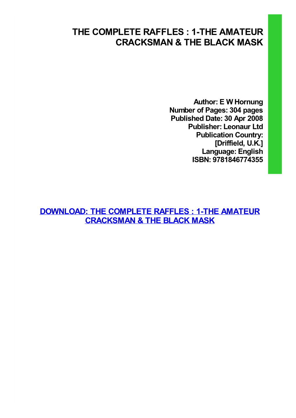The Complete Raffles : 1-The Amateur Cracksman & the Black Mask