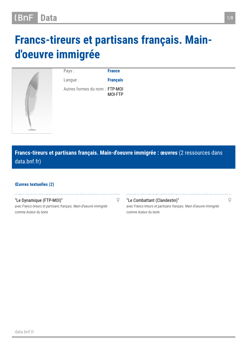 Francs-Tireurs Et Partisans Français. Main-D'oeuvre Immigrée : Œuvres (2 Ressources Dans Data.Bnf.Fr)