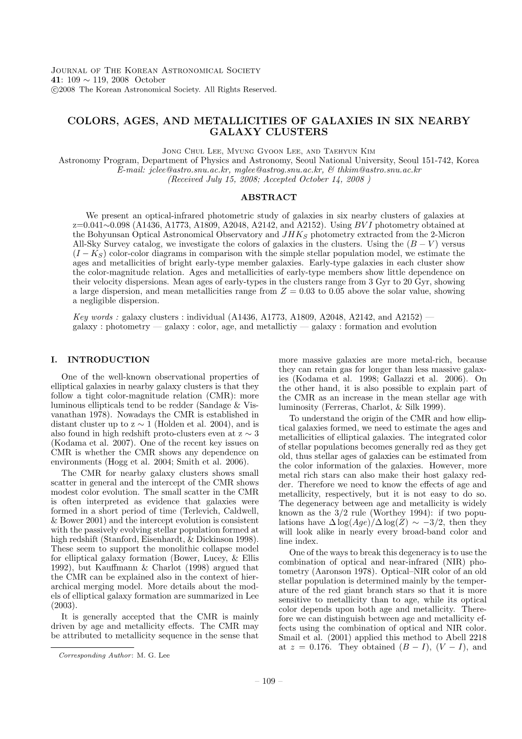 Colors, Ages, and Metallicities of Galaxies in Six Nearby Galaxy Clusters