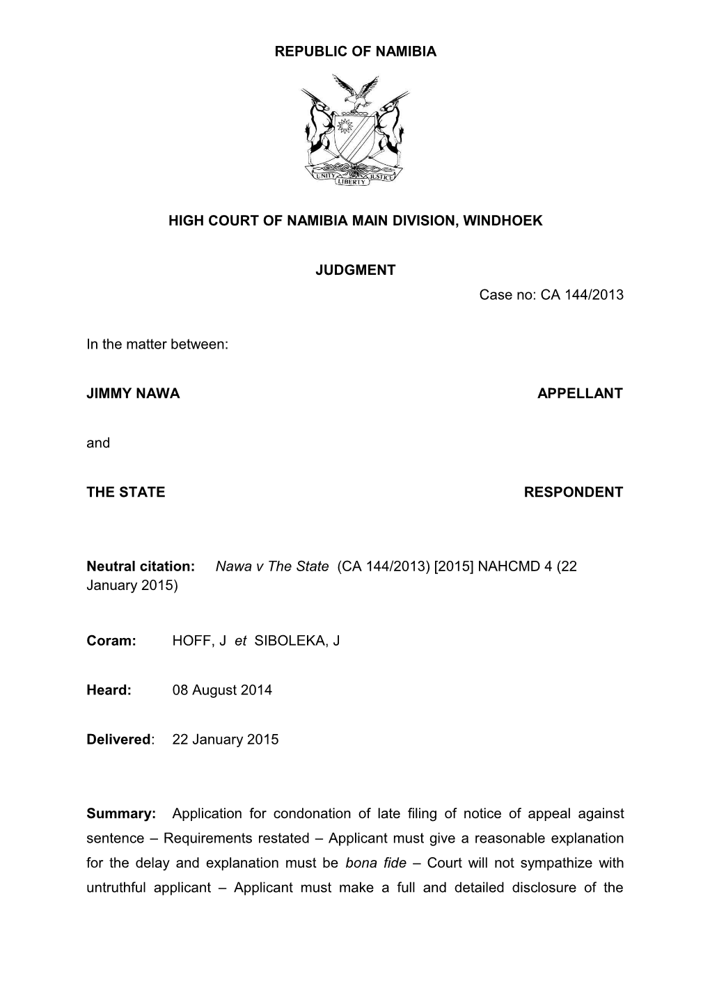 Nawa V the State (CA 144-2013) 2015 NAHCMD 4 (22 January 2015)