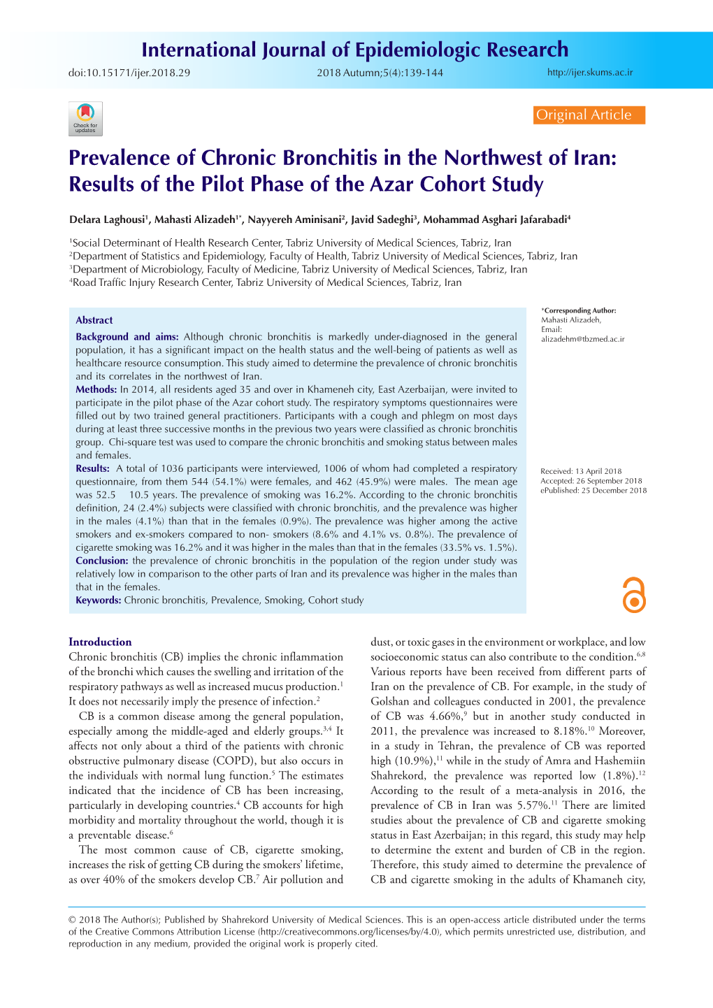 Prevalence of Chronic Bronchitis in the Northwest of Iran: Results of the Pilot Phase of the Azar Cohort Study