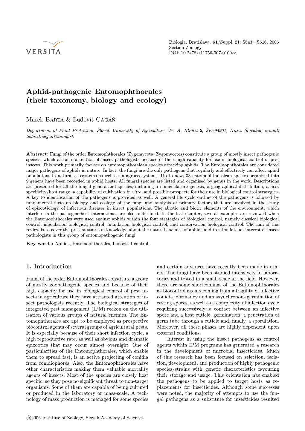 Aphid-Pathogenic Entomophthorales (Their Taxonomy, Biology and Ecology)