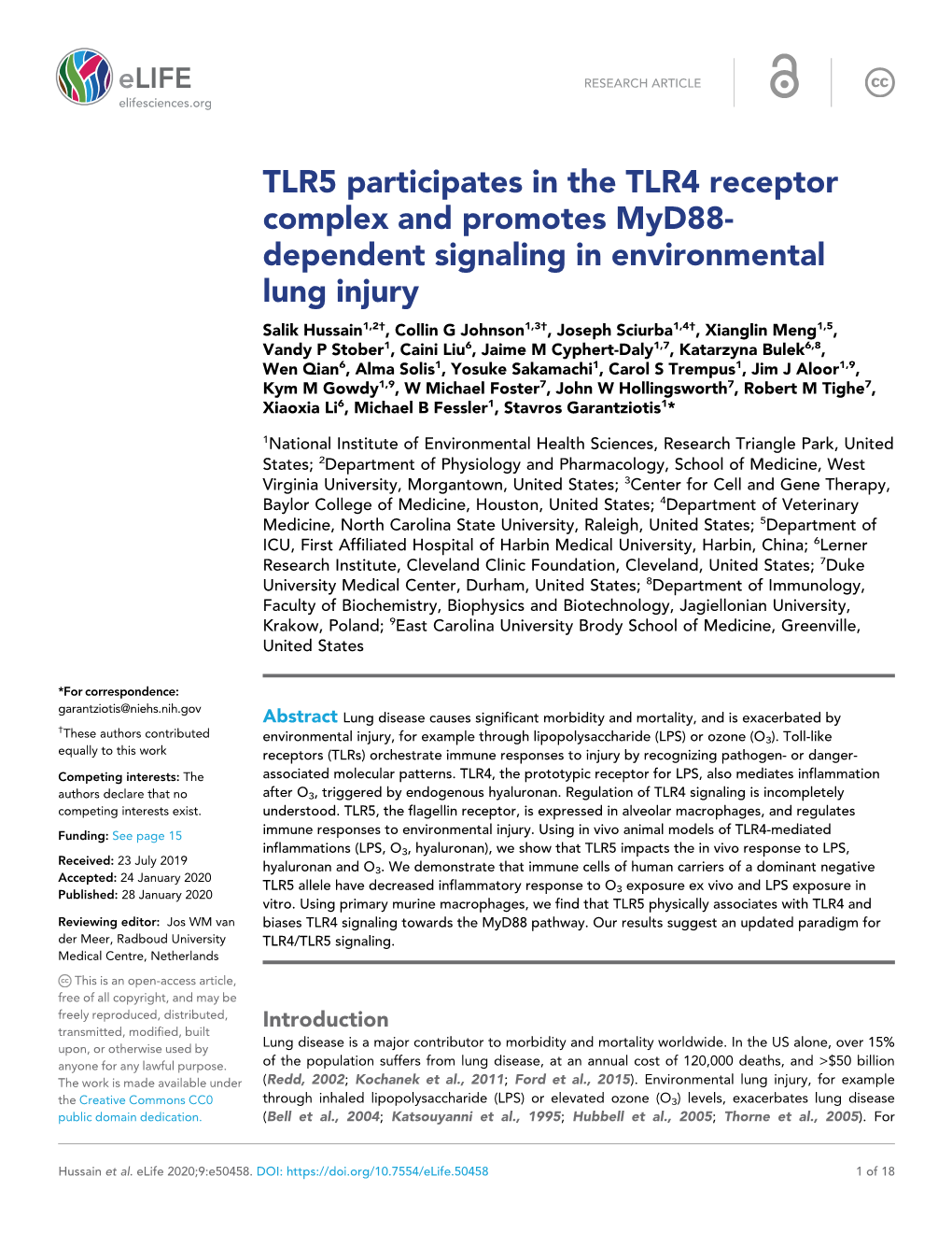 TLR5 Participates in the TLR4 Receptor Complex and Promotes Myd88- Dependent Signaling in Environmental Lung Injury