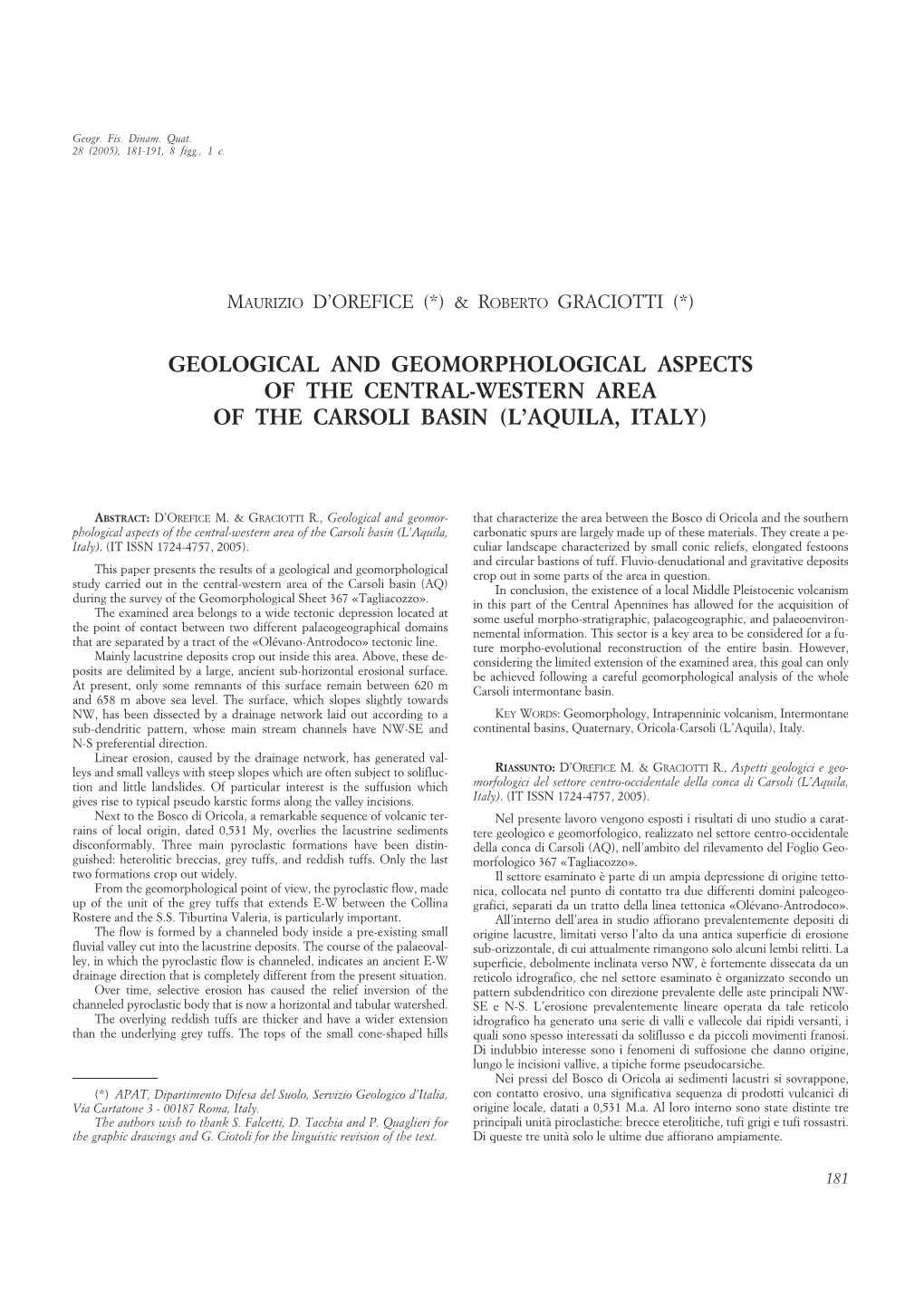 Geological and Geomorphological Aspects of the Central-Western Area of the Carsoli Basin (L’Aquila, Italy)