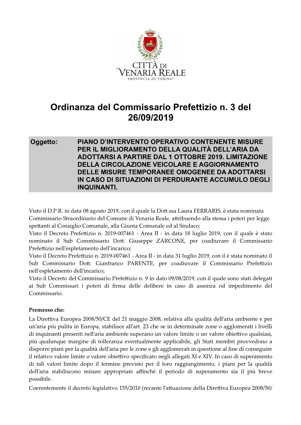 Ordinanza Del Commissario Prefettizio N. 3 Del 26/09/2019