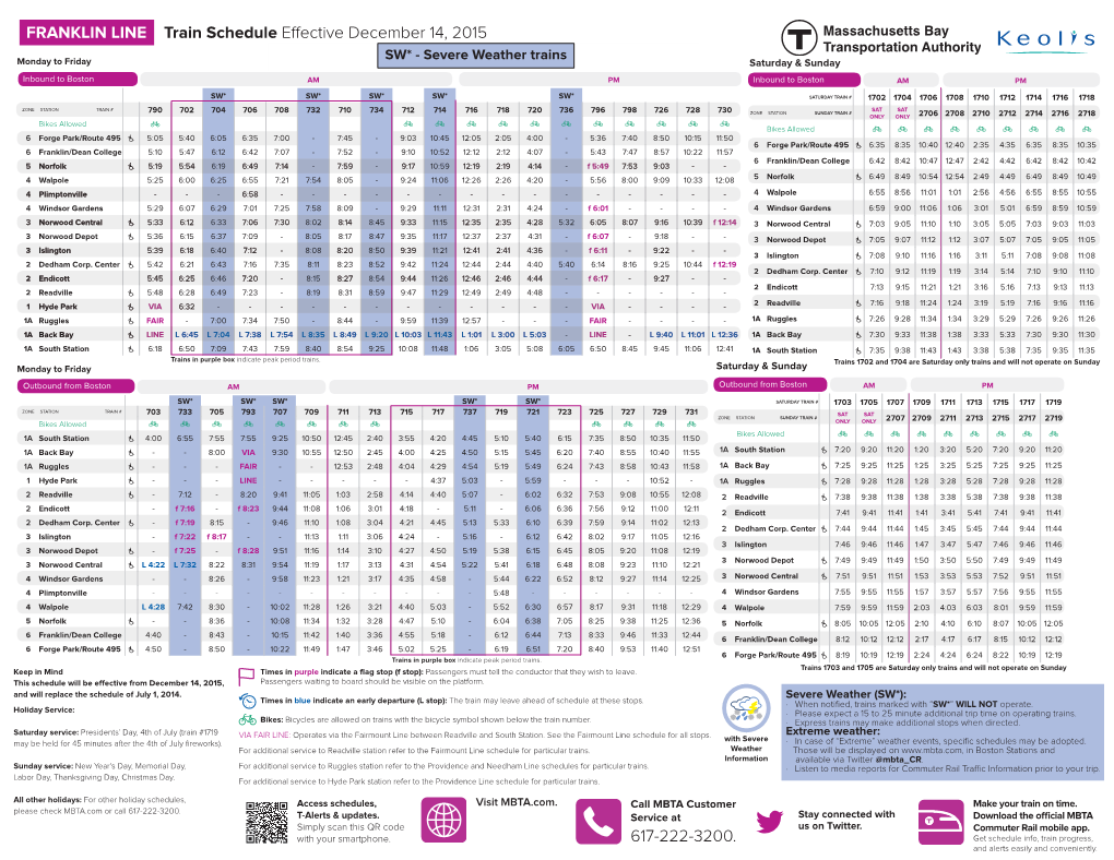 FRANKLIN LINE Weather This Schedule Will Be Effective from December 14, 2015, and Will SW* - Severe Weather Trains Information Replace the Schedule of July 1, 2014