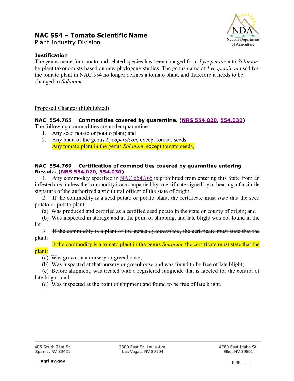 NAC 554 – Tomato Scientific Name Plant Industry Division