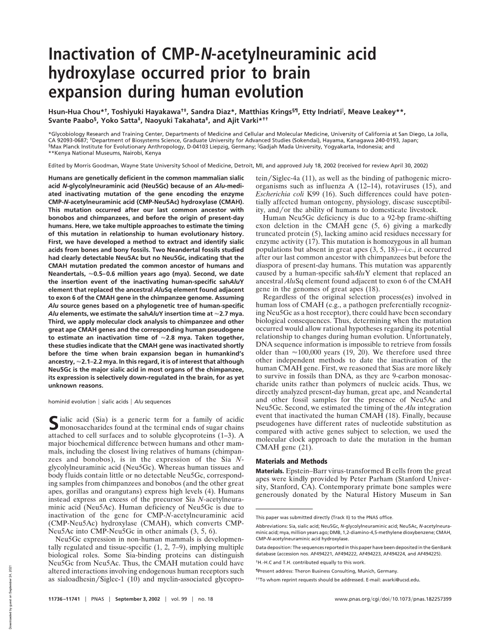 Inactivation of CMP-N-Acetylneuraminic Acid Hydroxylase Occurred Prior to Brain Expansion During Human Evolution