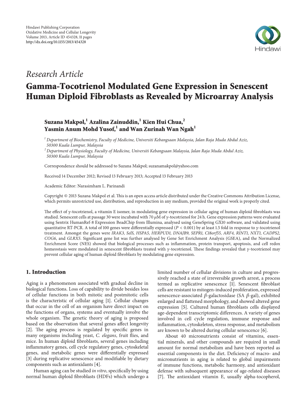 Gamma-Tocotrienol Modulated Gene Expression in Senescent Human Diploid Fibroblasts As Revealed by Microarray Analysis