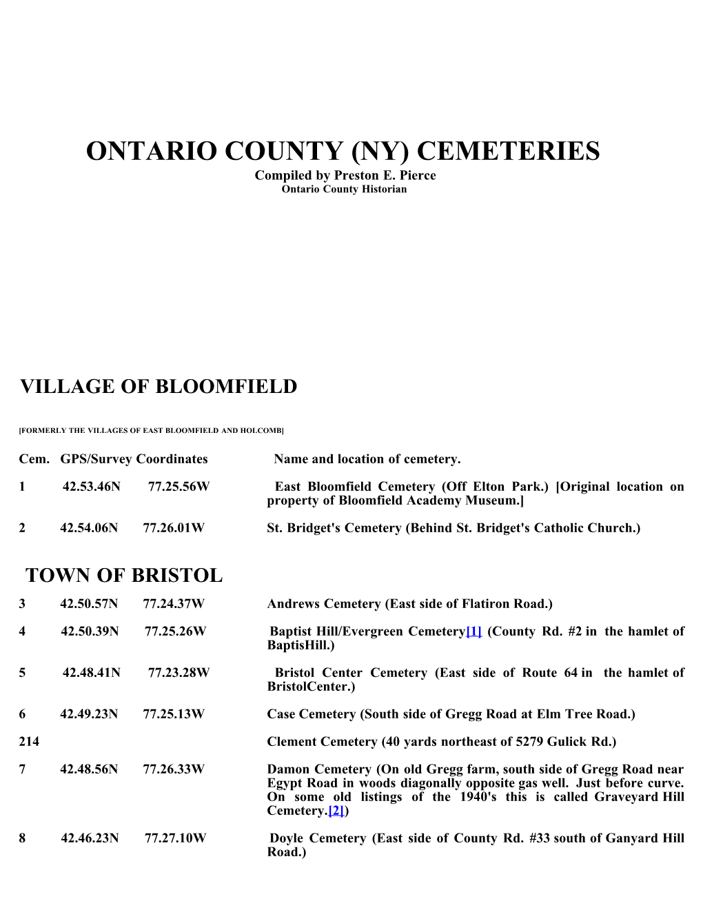 ONTARIO COUNTY (NY) CEMETERIES Compiled by Preston E