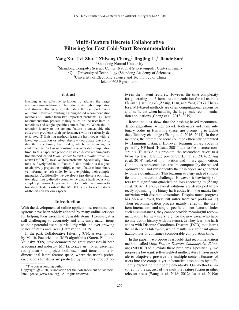 Multi-Feature Discrete Collaborative Filtering for Fast Cold-Start Recommendation