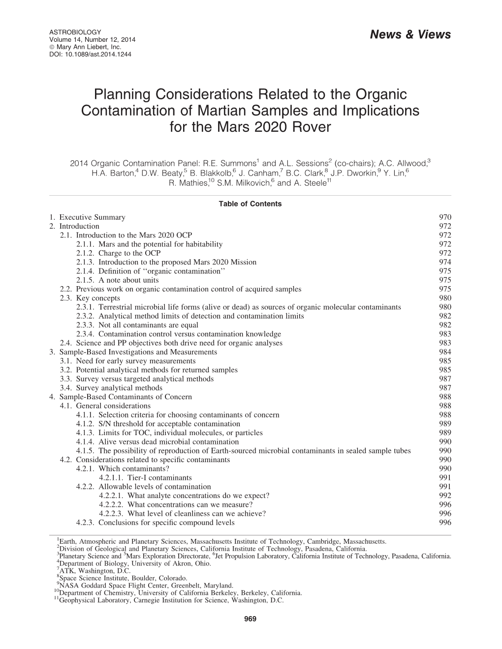 Planning Considerations Related to the Organic Contamination of Martian Samples and Implications for the Mars 2020 Rover