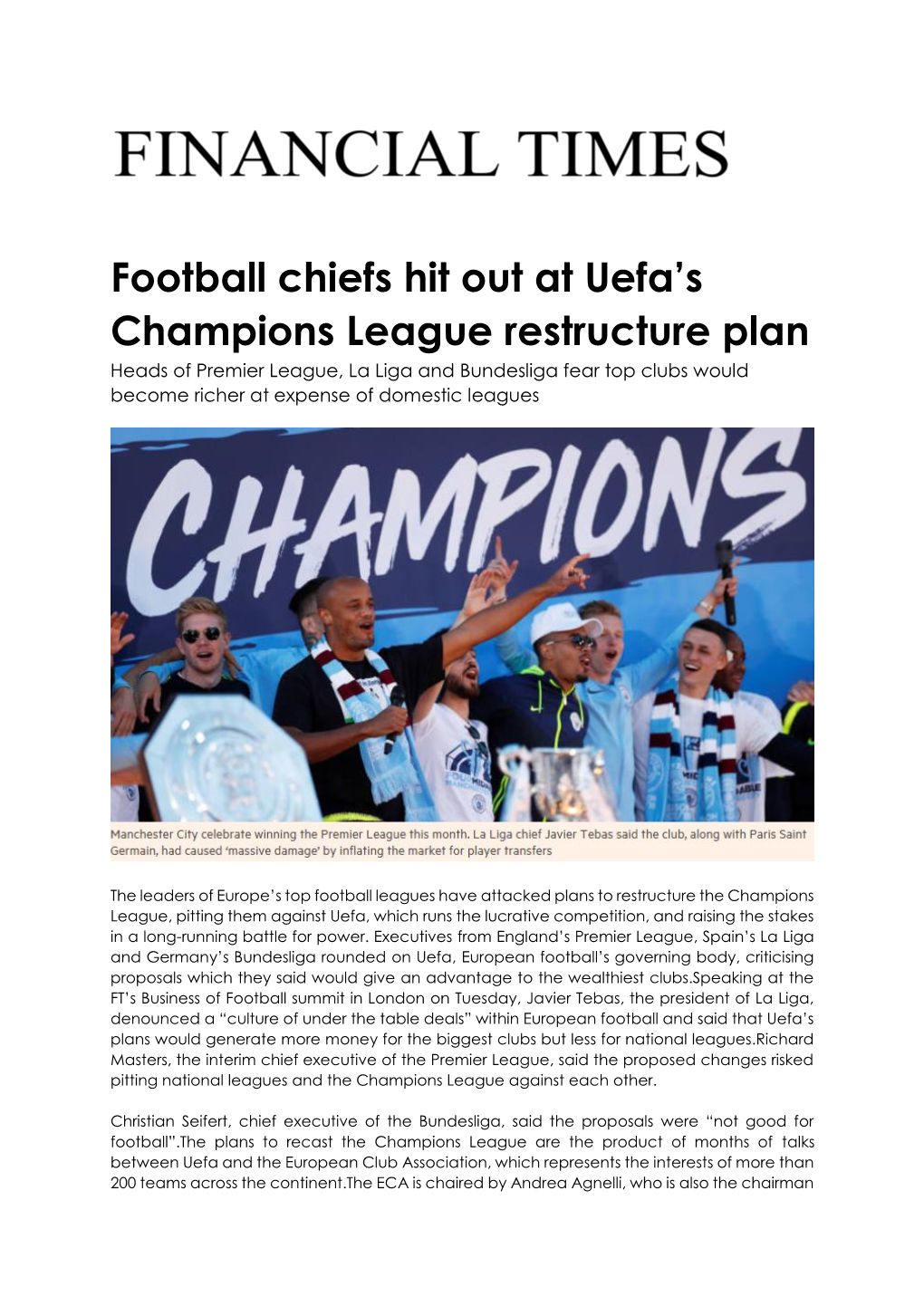 Football Chiefs Hit out at Uefa's Champions League Restructure Plan