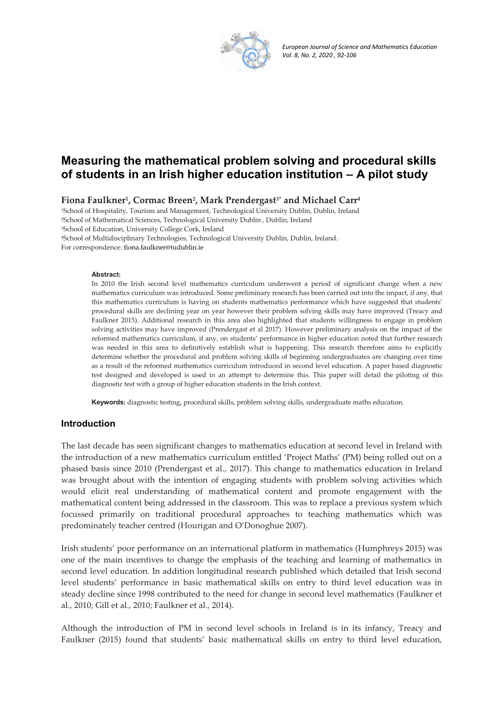 Measuring the Mathematical Problem Solving and Procedural Skills of Students in an Irish Higher Education Institution – a Pilot Study