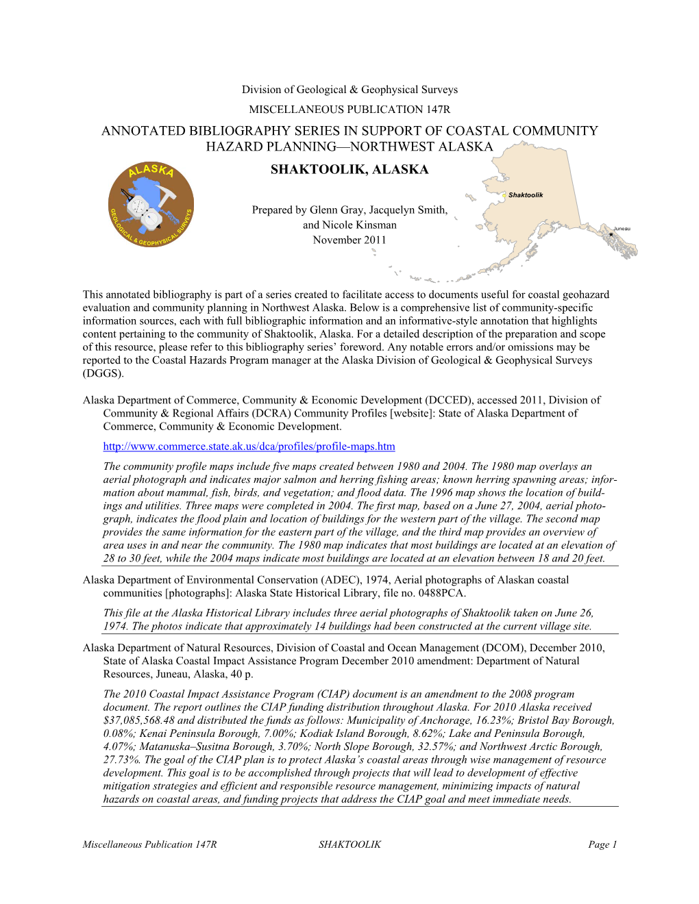 Annotated Bibliography Series in Support of Coastal Community Hazard Planning—Northwest Alaska Shaktoolik, Alaska