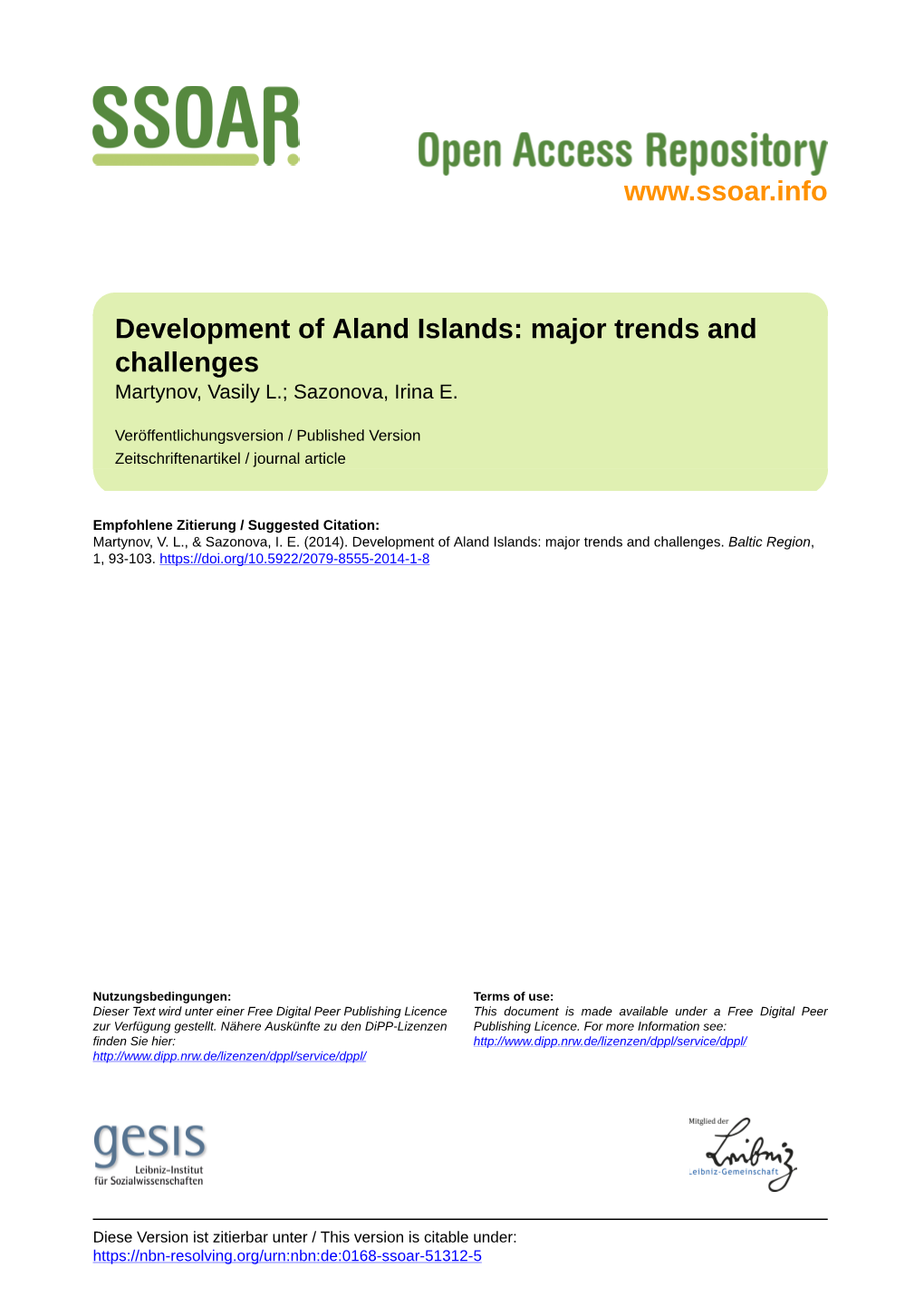 Development of Aland Islands: Major Trends and Challenges Martynov, Vasily L.; Sazonova, Irina E