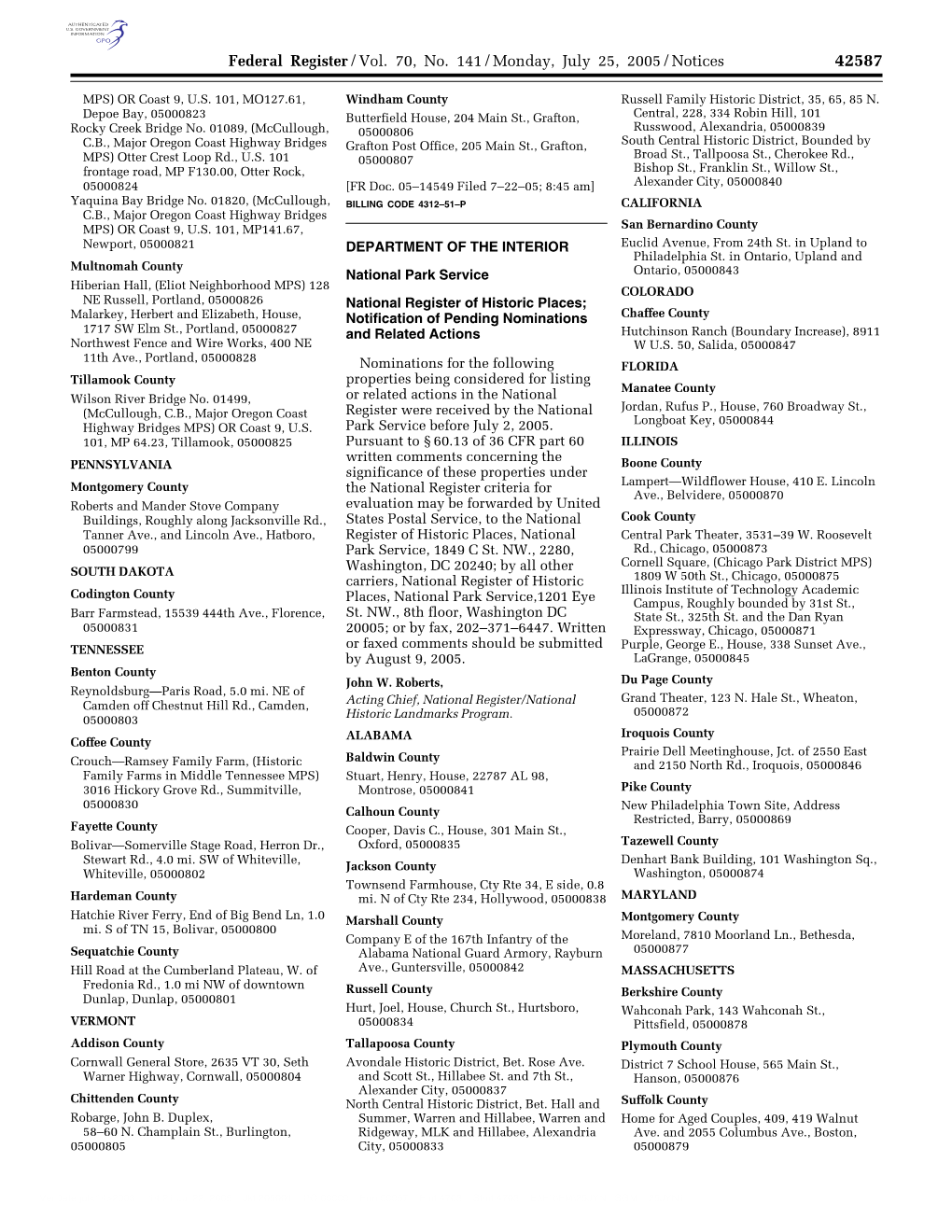 Federal Register/Vol. 70, No. 141/Monday, July 25, 2005/Notices