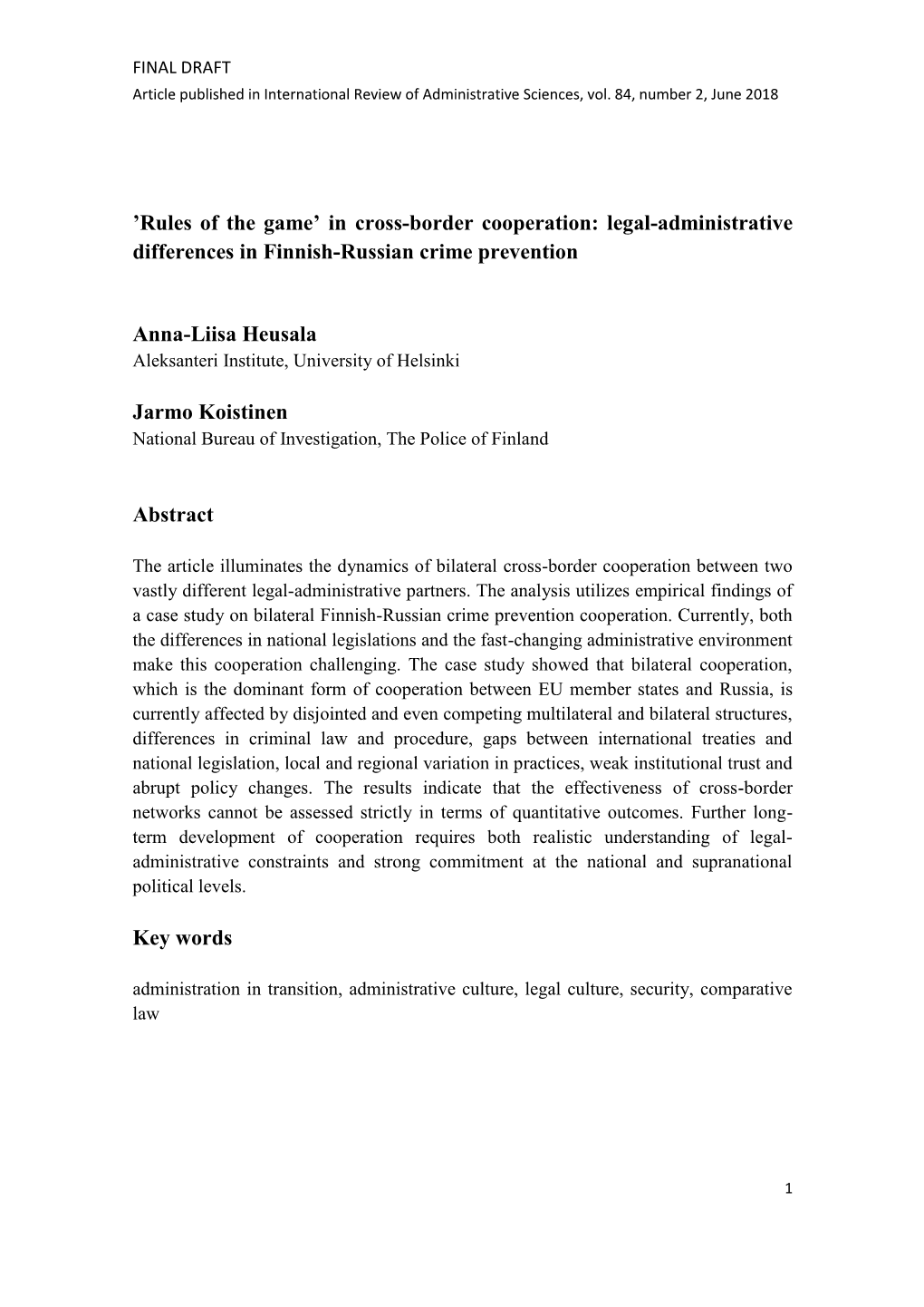 In Cross-Border Cooperation: Legal-Administrative Differences in Finnish-Russian Crime Prevention