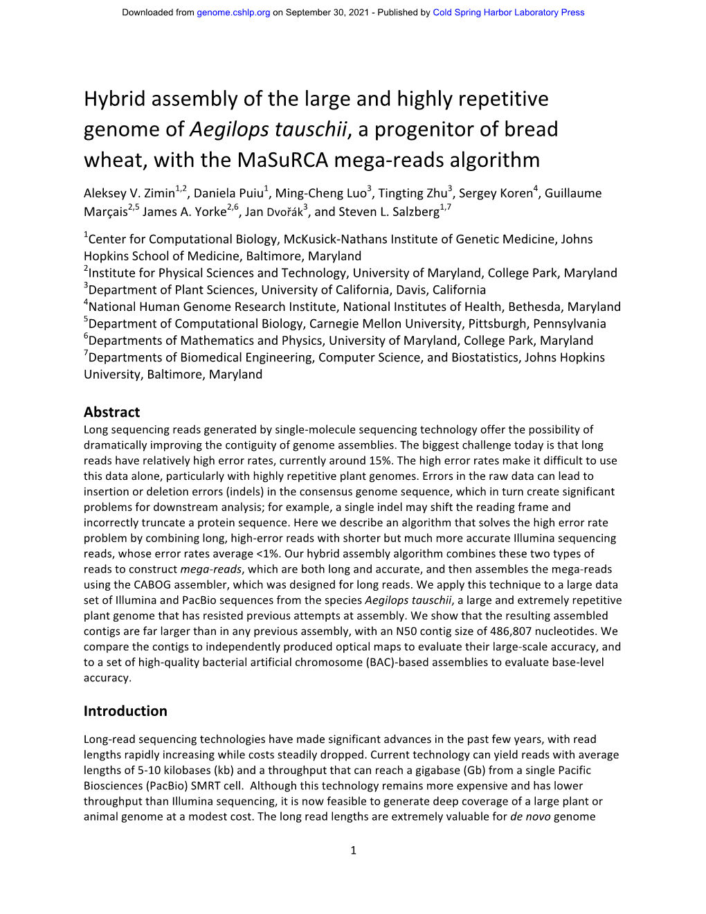 Hybrid Assembly of the Large and Highly Repetitive Genome of Aegilops Tauschii, a Progenitor of Bread Wheat, with the Masurca Mega-Reads Algorithm