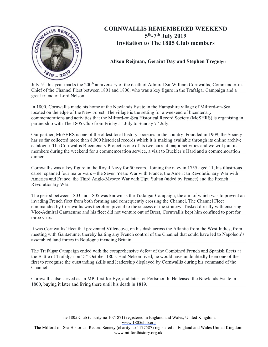 CORNWALLIS REMEMBERED WEEKEND 5Th-7Th July 2019 Invitation to the 1805 Club Members