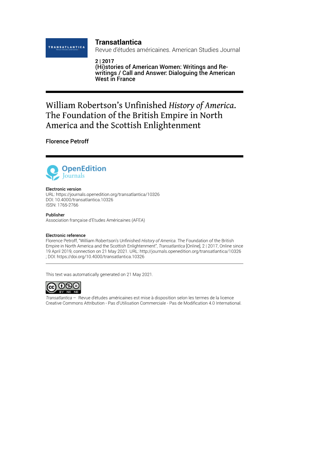 Transatlantica, 2 | 2017 William Robertson’S Unfinished History of America