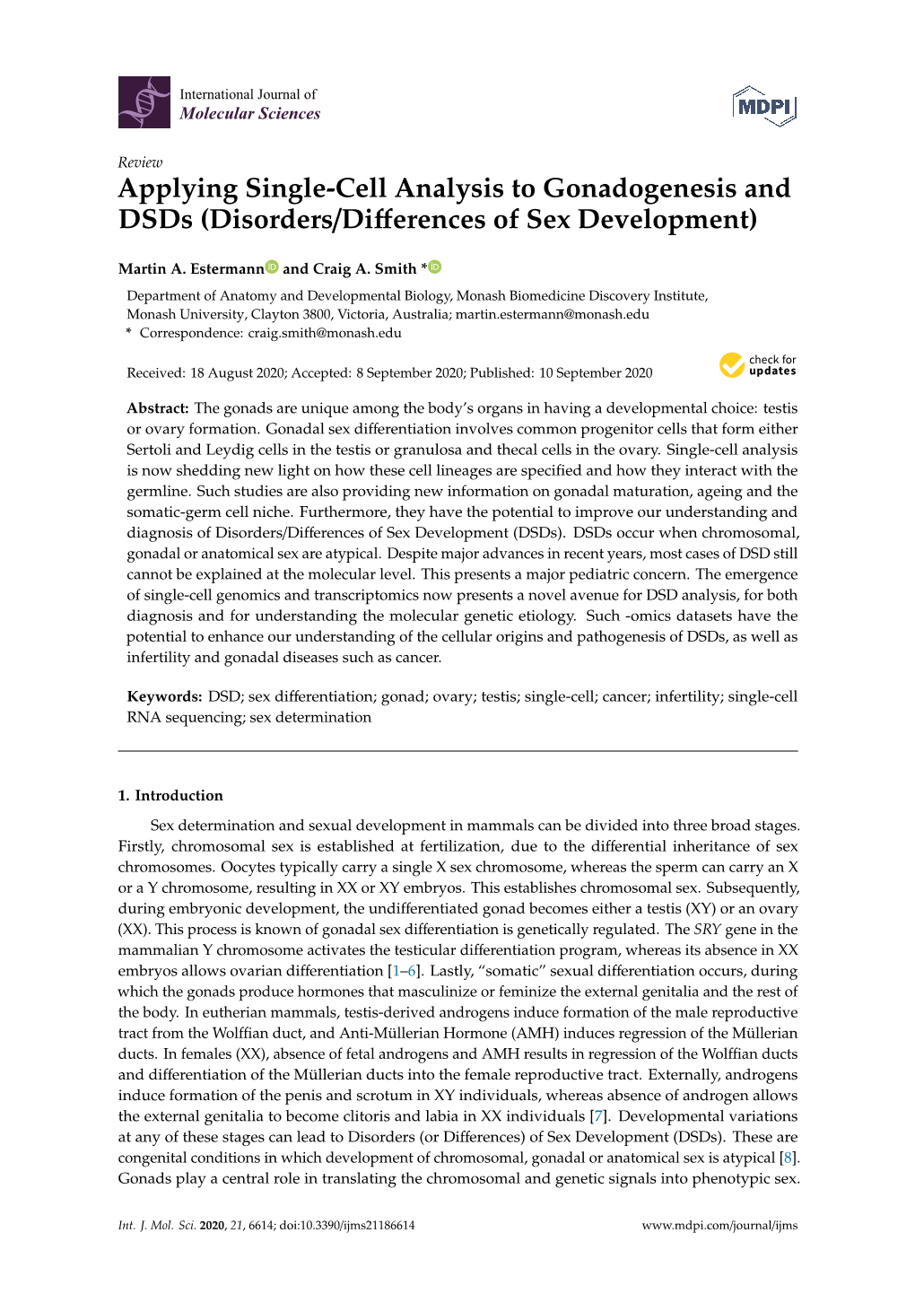 Applying Single-Cell Analysis to Gonadogenesis and Dsds (Disorders/Diﬀerences of Sex Development)