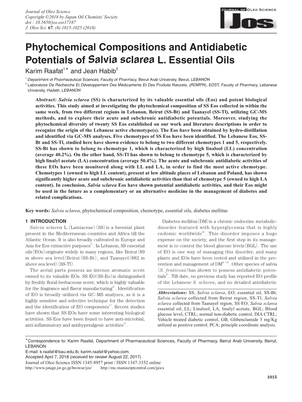 Phytochemical Compositions and Antidiabetic Potentials of Salvia Sclarea L