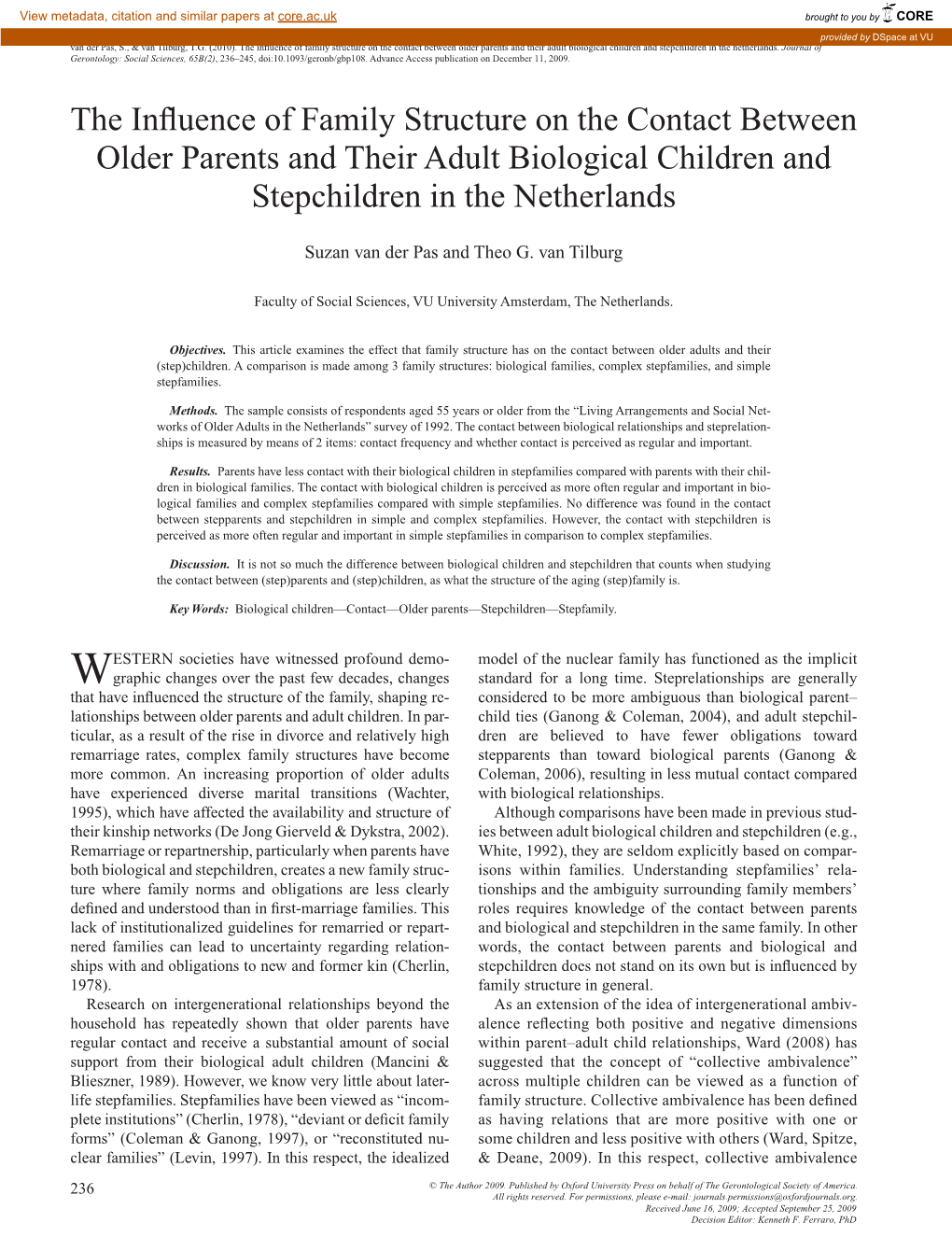 The Influence of Family Structure on the Contact Between Older Parents and Their Adult Biological Children and Stepchildren in T