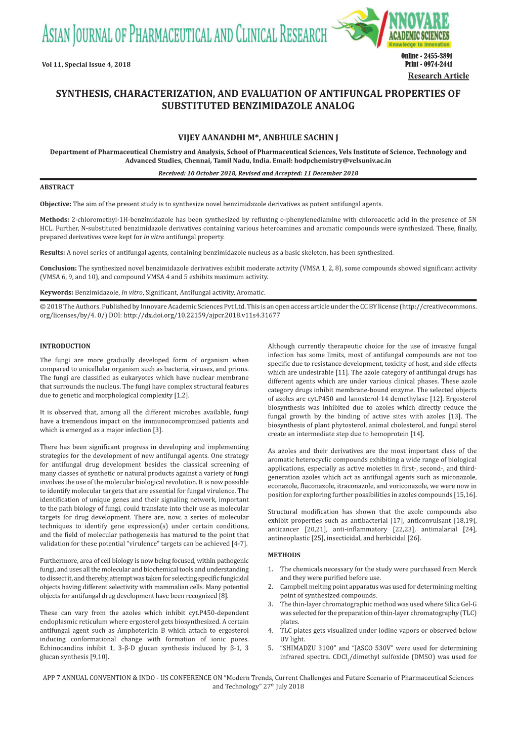 Synthesis, Characterization, and Evaluation of Antifungal Properties of Substituted Benzimidazole Analog